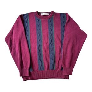 Vintage John Ashford Striped Cotton Sweater‎ M 90s Burgundy Blue Dadcore Knit